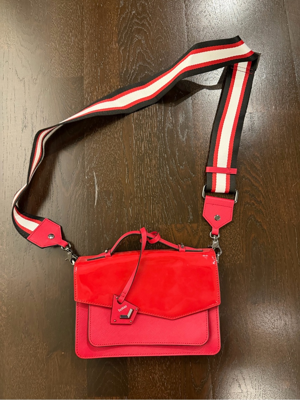 Botkier Red Patent Crossbody with Striped Strap